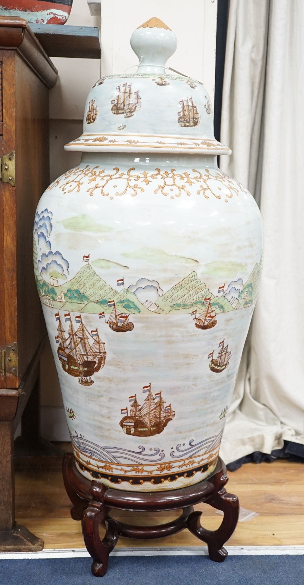 A large Chinese enamelled porcelain vase and cover on stand 100cm